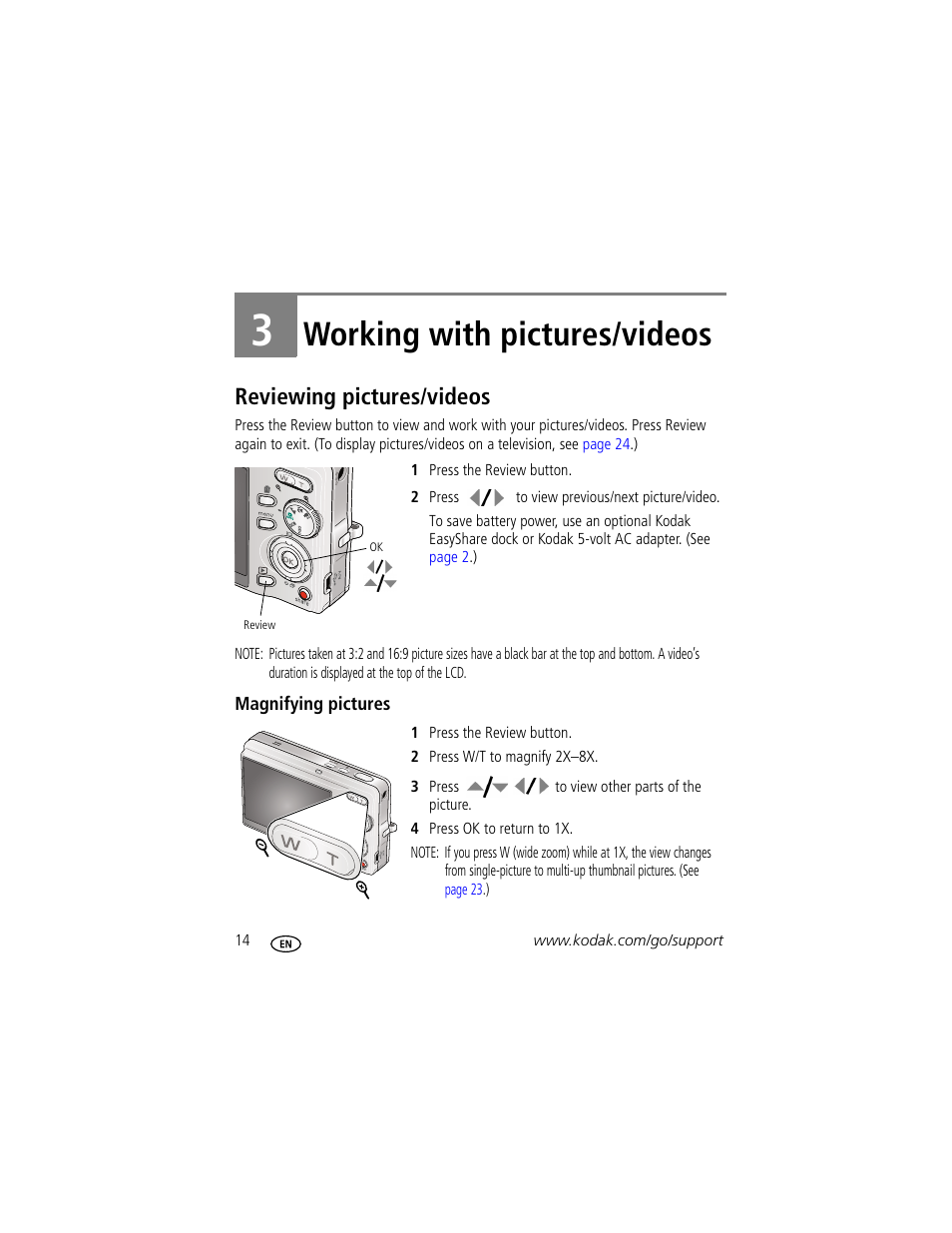 Working with pictures/videos, Reviewing pictures/videos, Magnifying pictures | 3 working with pictures/videos | Kodak M1073 IS User Manual | Page 20 / 74