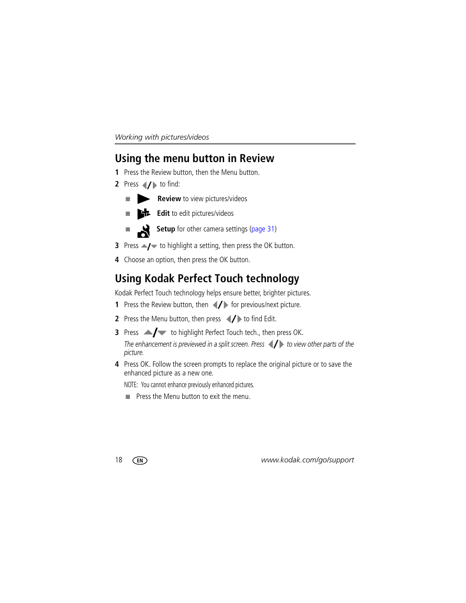 Using the menu button in review, Using kodak perfect touch technology | Kodak M1073 IS User Manual | Page 24 / 74