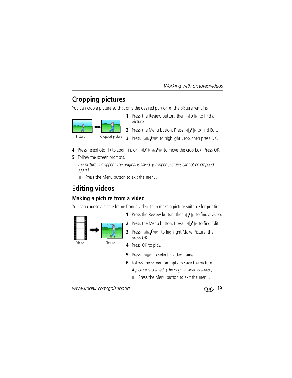 Cropping pictures, Editing videos, Making a picture from a video | Cropping pictures editing videos | Kodak M1073 IS User Manual | Page 25 / 74