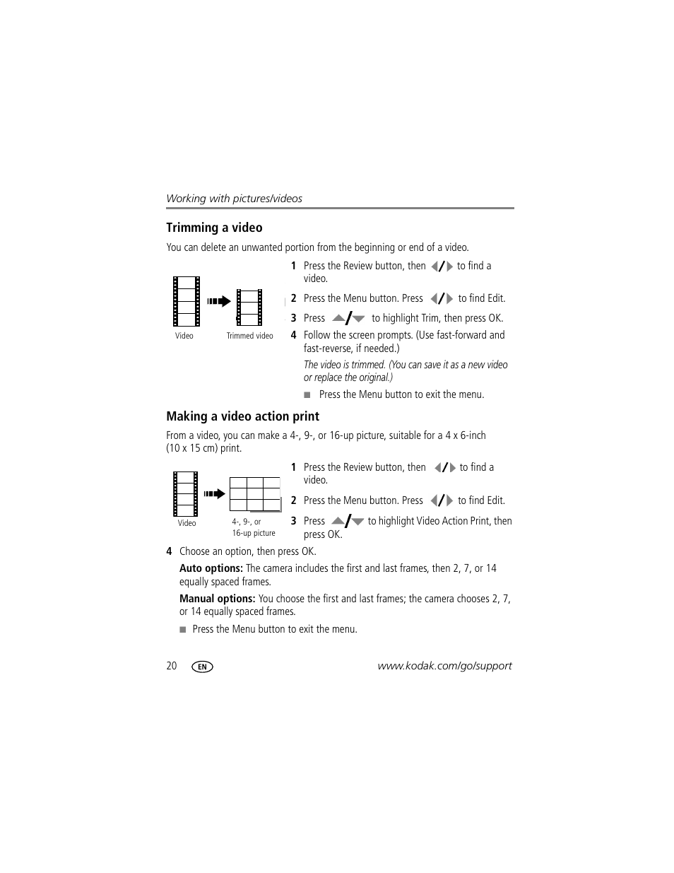 Trimming a video, Making a video action print | Kodak M1073 IS User Manual | Page 26 / 74