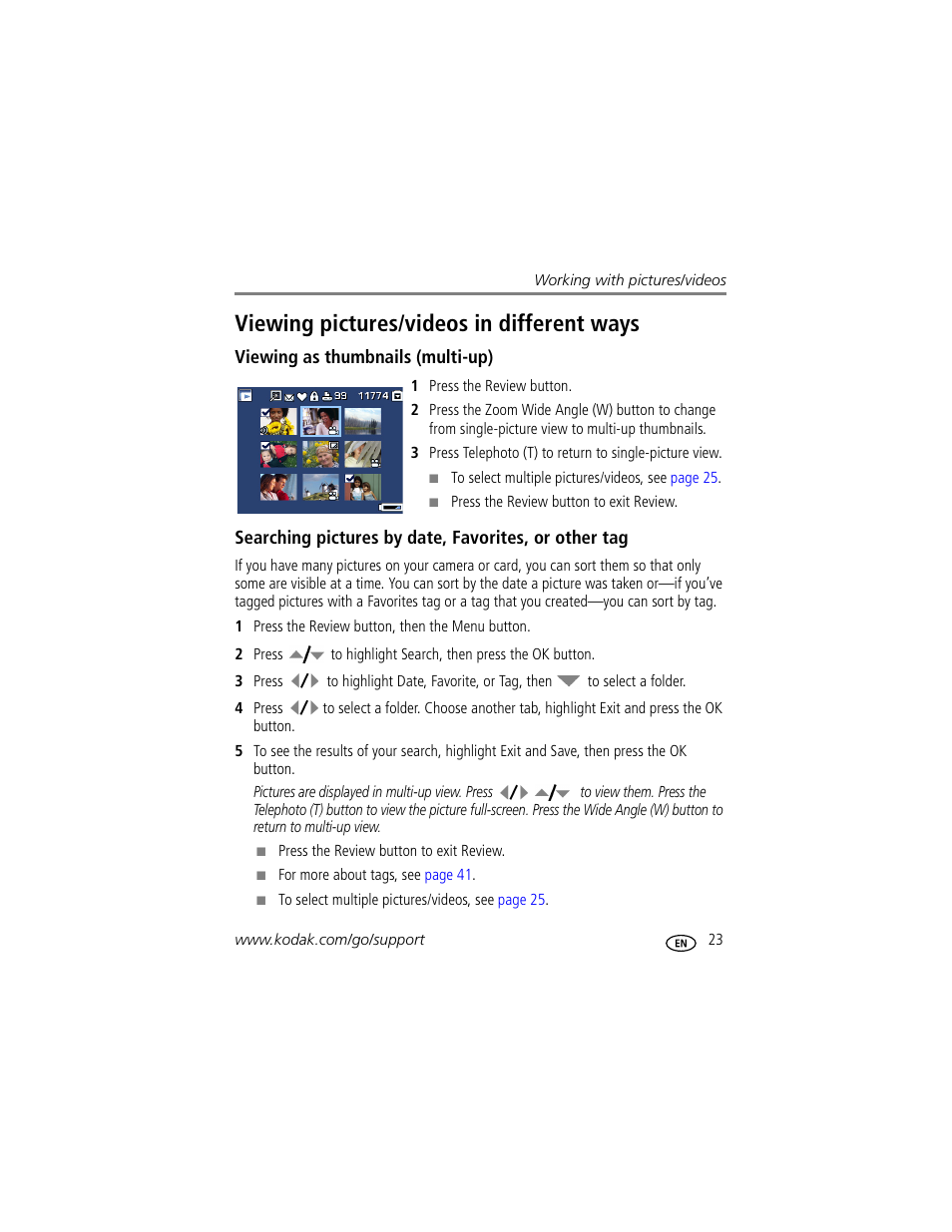 Viewing pictures/videos in different ways, Viewing as thumbnails (multi-up) | Kodak M1073 IS User Manual | Page 29 / 74