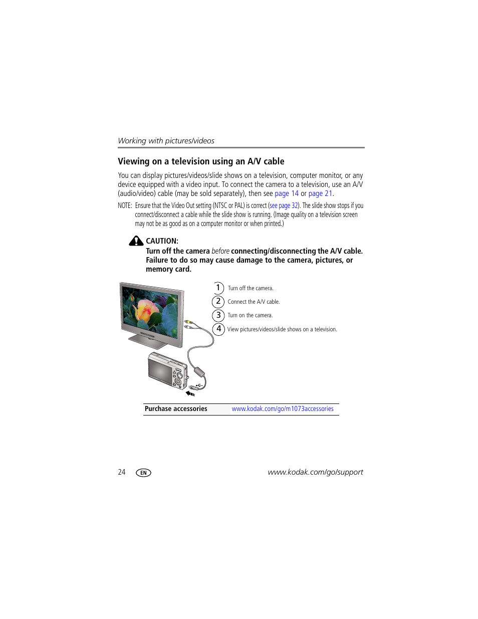 Viewing on a television using an a/v cable | Kodak M1073 IS User Manual | Page 30 / 74
