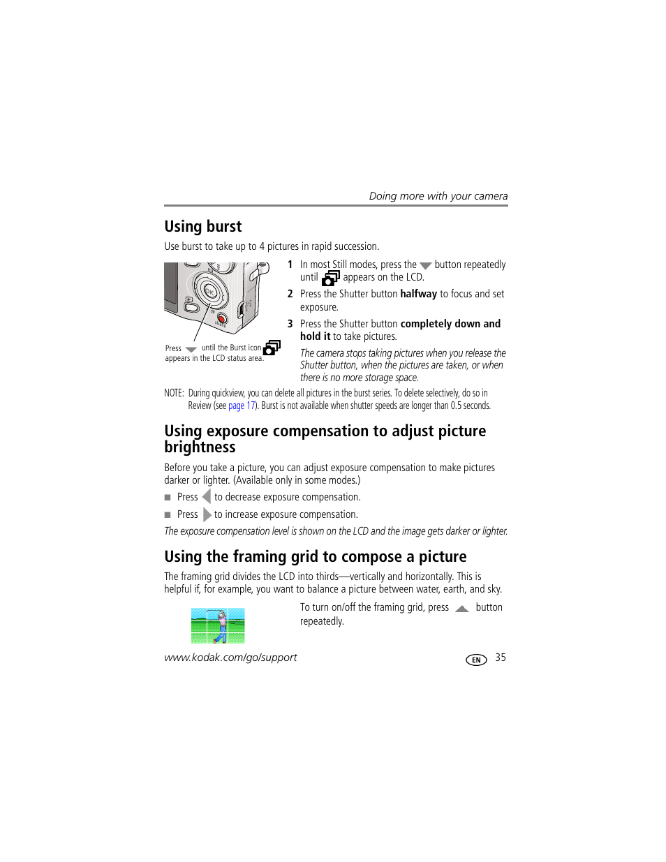 Using burst, Using the framing grid to compose a picture | Kodak M1073 IS User Manual | Page 41 / 74