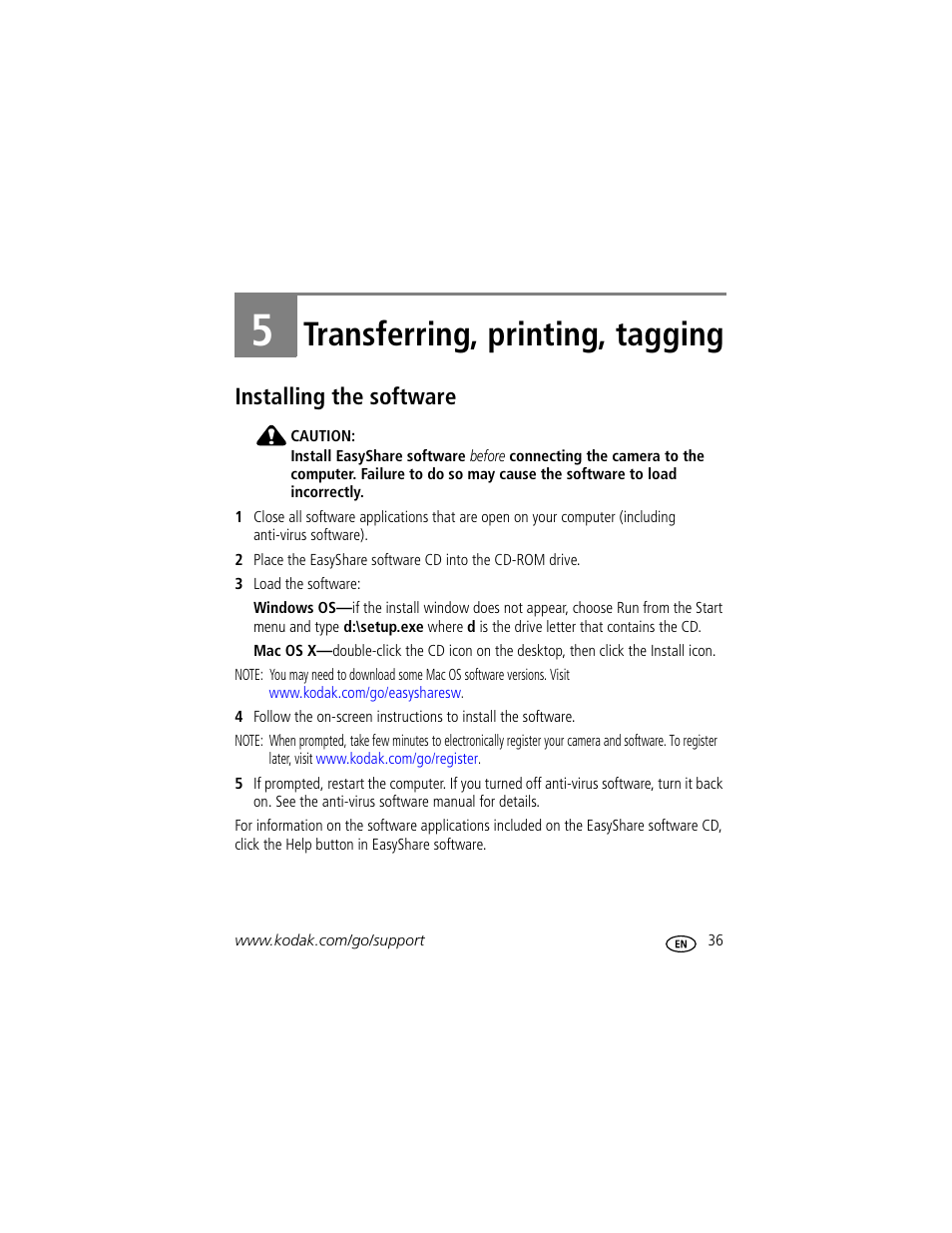 Transferring, printing, tagging, Installing the software, 5 transferring, printing, tagging | Kodak M1073 IS User Manual | Page 42 / 74