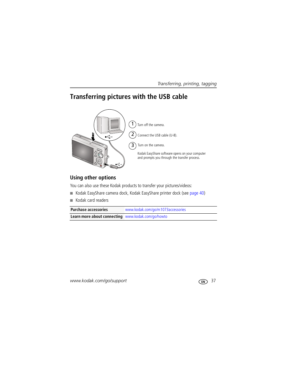 Transferring pictures with the usb cable, Using other options | Kodak M1073 IS User Manual | Page 43 / 74