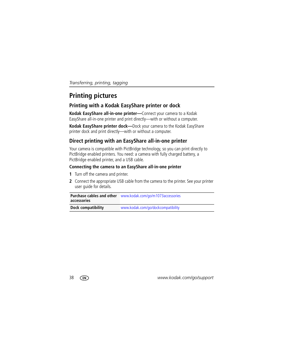 Printing pictures, Printing with a kodak easyshare printer or dock | Kodak M1073 IS User Manual | Page 44 / 74