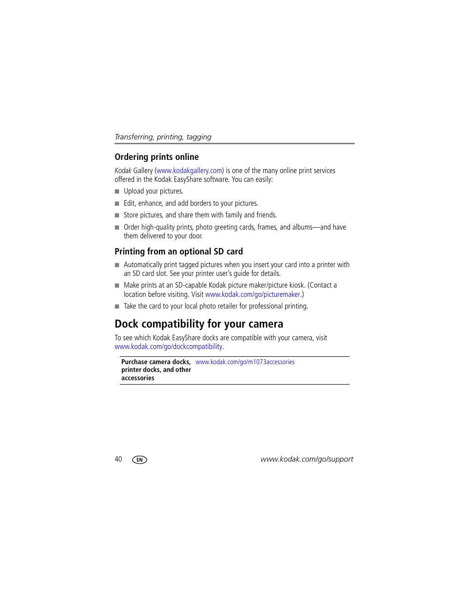 Ordering prints online, Printing from an optional sd card, Dock compatibility for your camera | Kodak M1073 IS User Manual | Page 46 / 74