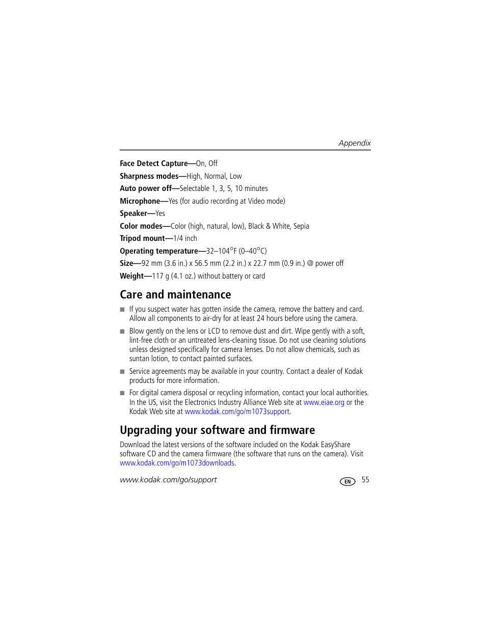 Care and maintenance, Upgrading your software and firmware | Kodak M1073 IS User Manual | Page 61 / 74