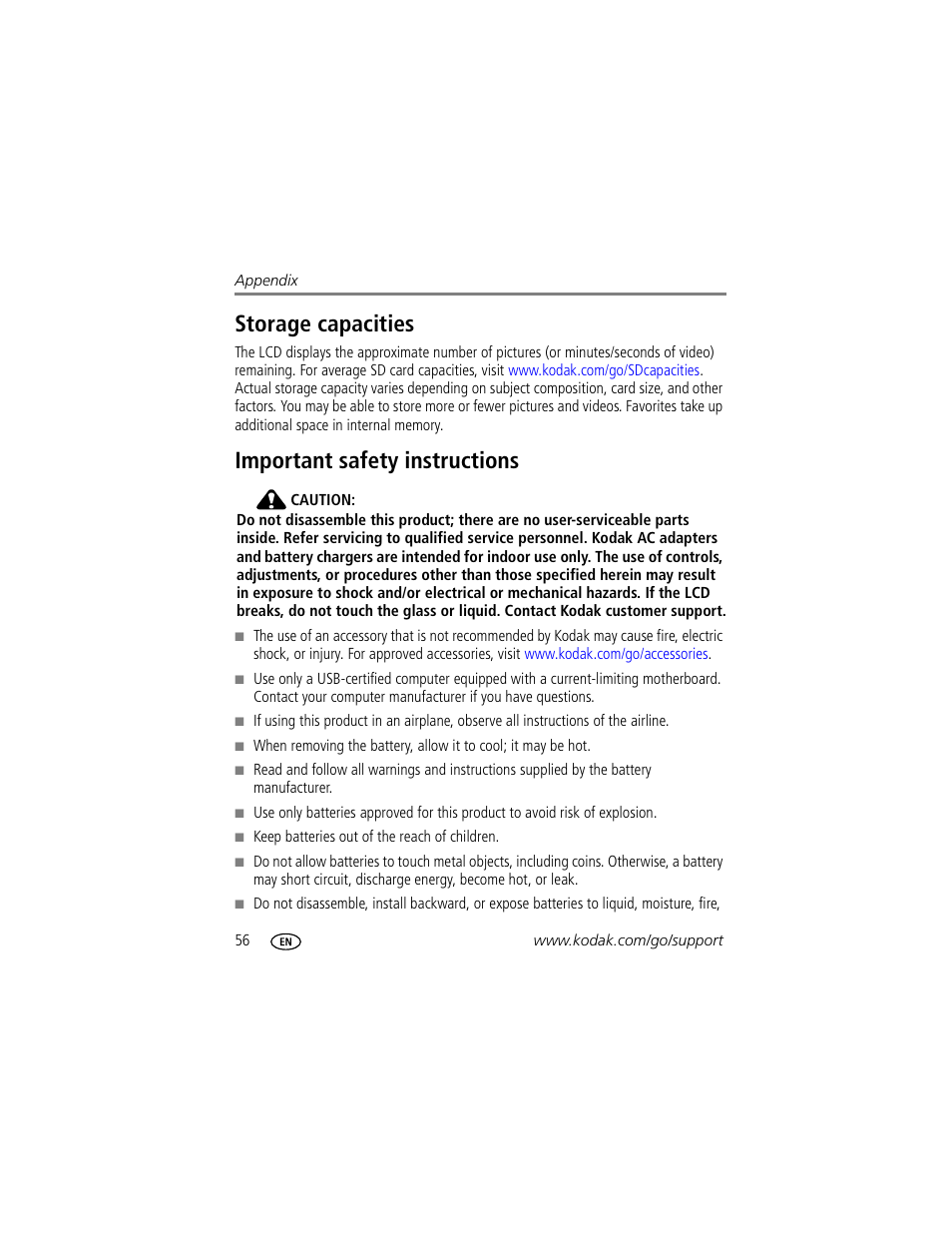 Storage capacities, Important safety instructions, Storage capacities important safety instructions | Kodak M1073 IS User Manual | Page 62 / 74