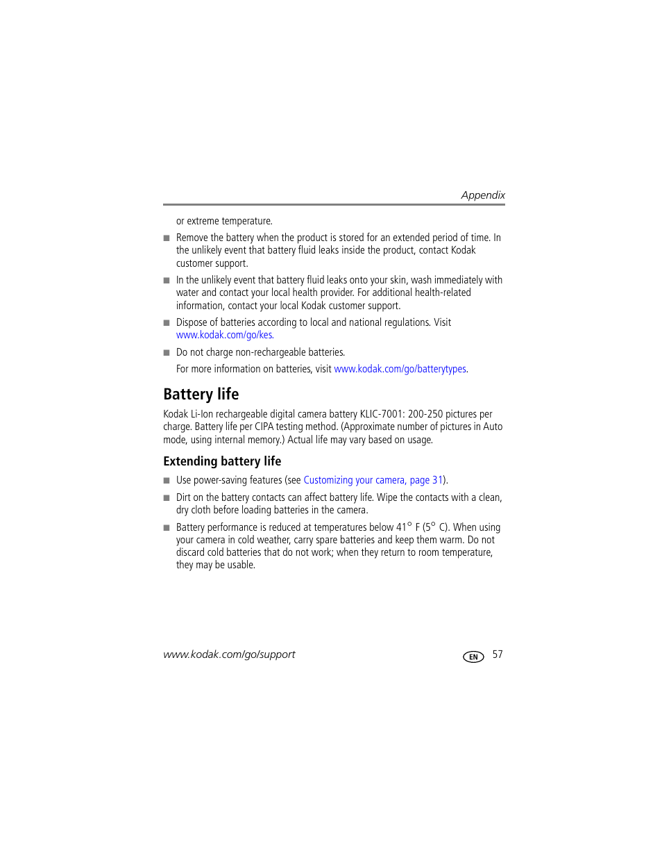 Battery life, Extending battery life | Kodak M1073 IS User Manual | Page 63 / 74
