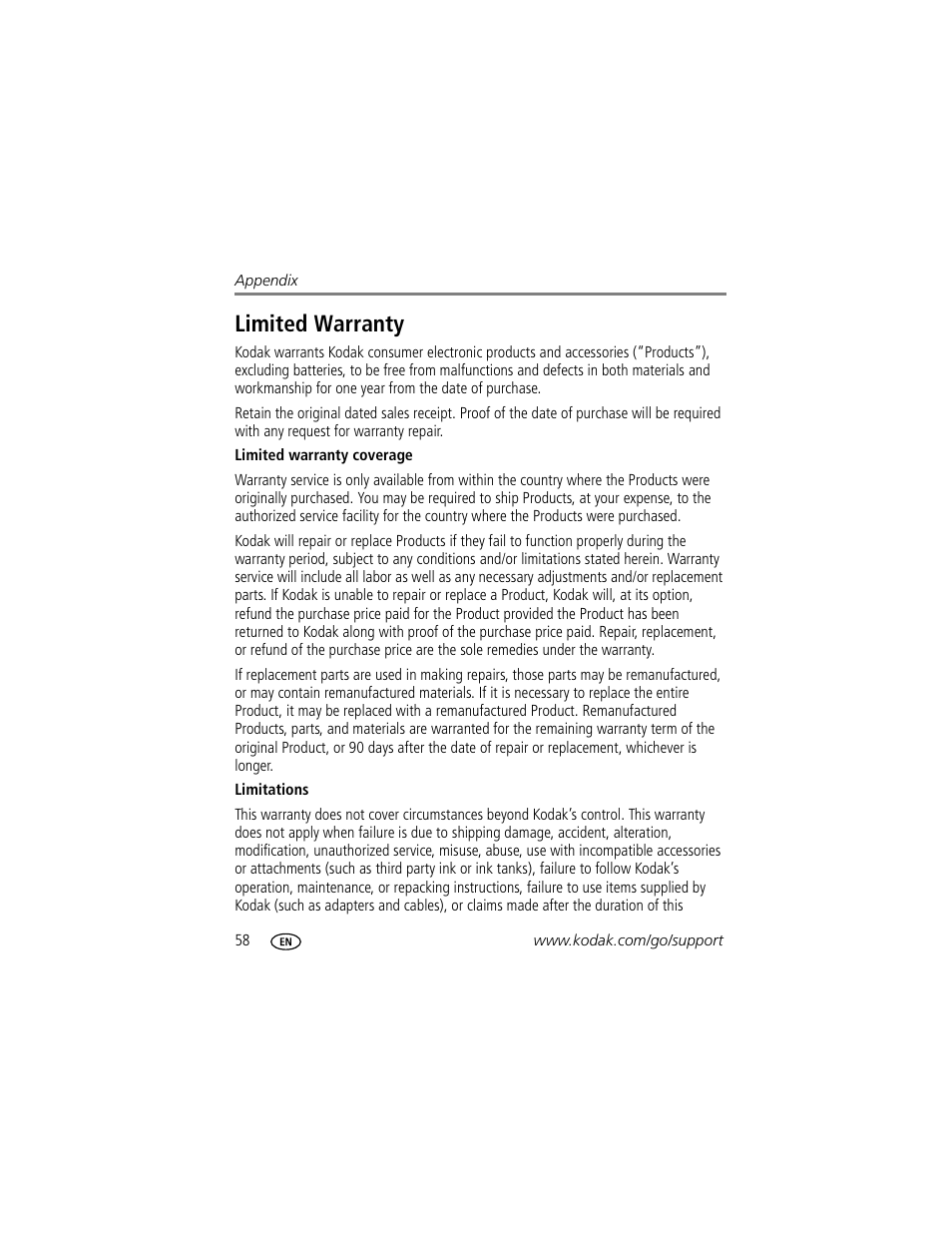 Limited warranty | Kodak M1073 IS User Manual | Page 64 / 74
