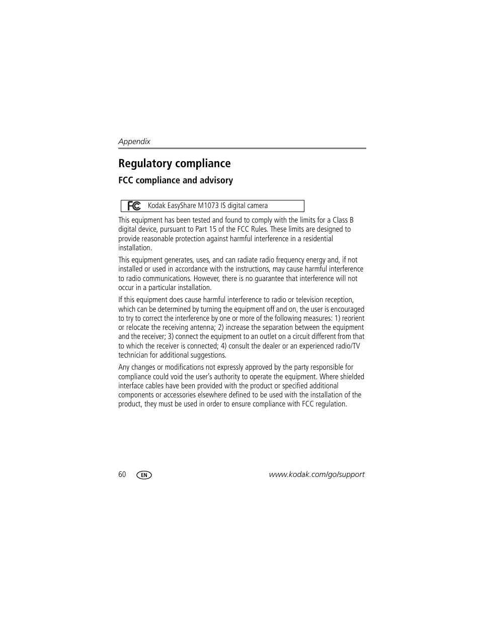 Regulatory compliance, Fcc compliance and advisory | Kodak M1073 IS User Manual | Page 66 / 74