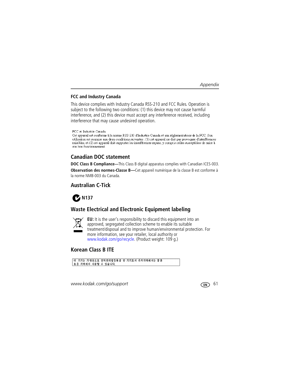 Fcc and industry canada, Canadian doc statement, Australian c-tick | Waste electrical and electronic equipment labeling, Korean class b ite | Kodak M1073 IS User Manual | Page 67 / 74
