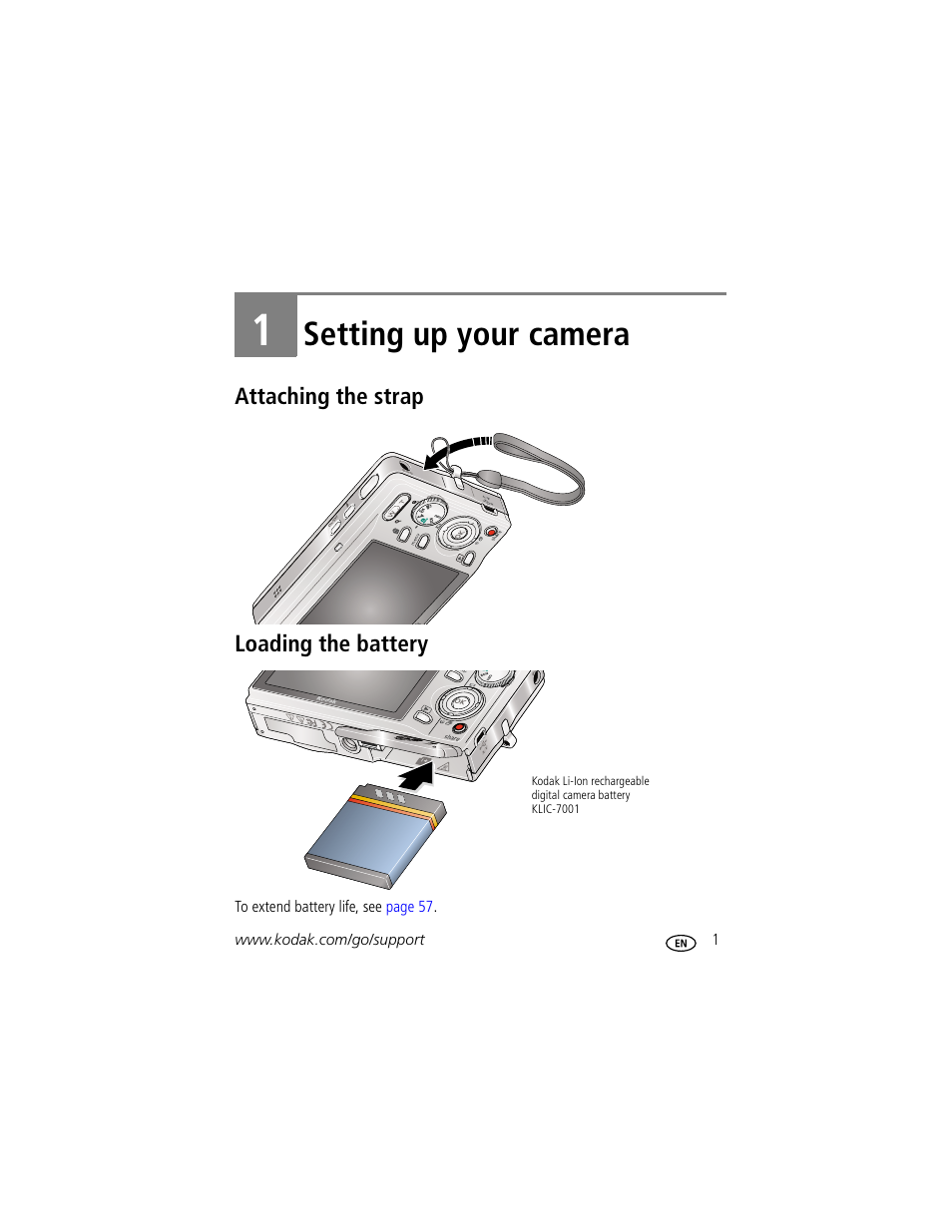 Setting up your camera, Attaching the strap, Loading the battery | 1 setting up your camera, Attaching the strap loading the battery | Kodak M1073 IS User Manual | Page 7 / 74