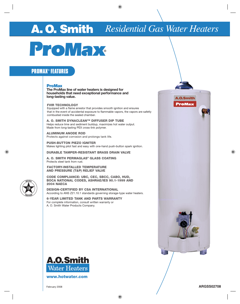 A.O. Smith ARGSS02708 User Manual | 2 pages