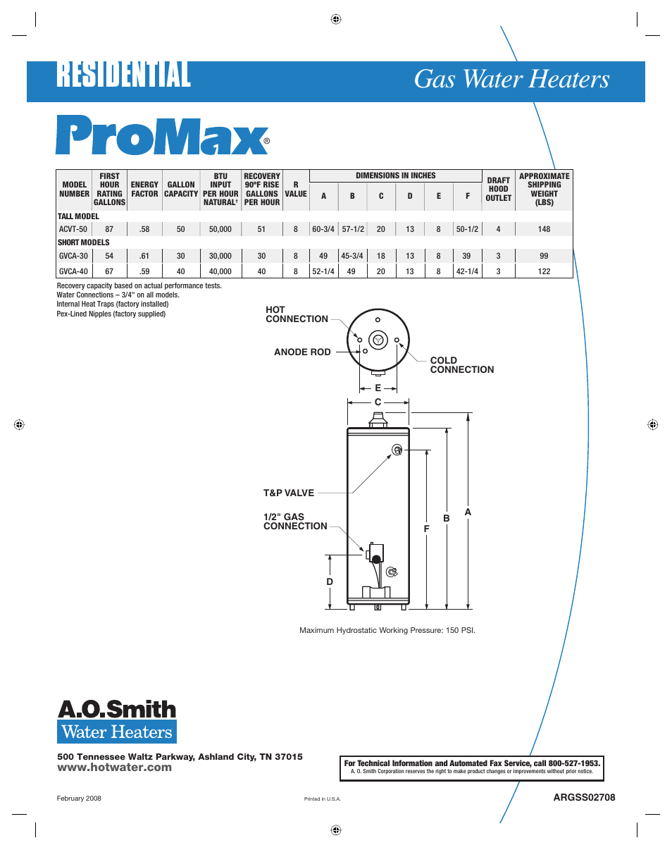 Residential, Gas water heaters | A.O. Smith ARGSS02708 User Manual | Page 2 / 2