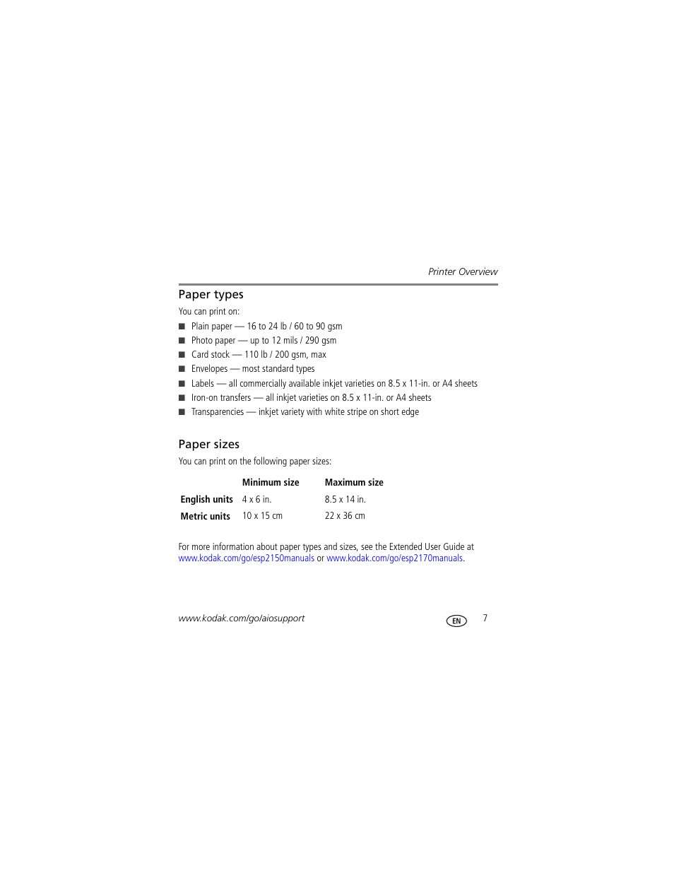 Paper types, Paper sizes, Paper types paper sizes | Kodak ESP Office 2170 User Manual | Page 13 / 36