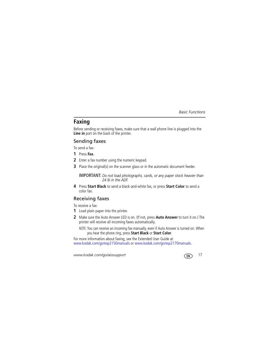 Faxing, Sending faxes, Receiving faxes | Sending faxes receiving faxes | Kodak ESP Office 2170 User Manual | Page 23 / 36