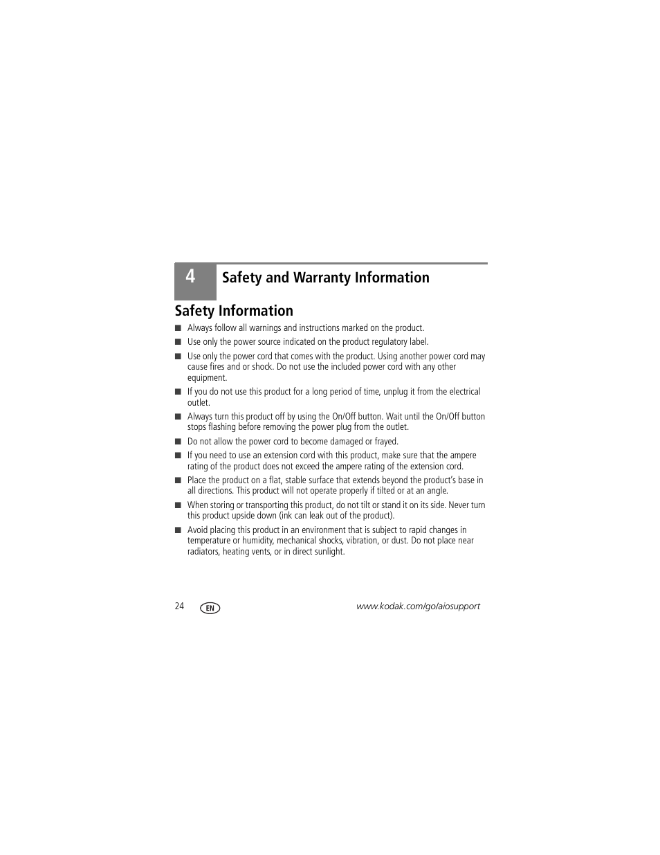 Safety and warranty information, Safety information, 4 safety and warranty information | Safety and warranty information safety information | Kodak ESP Office 2170 User Manual | Page 30 / 36