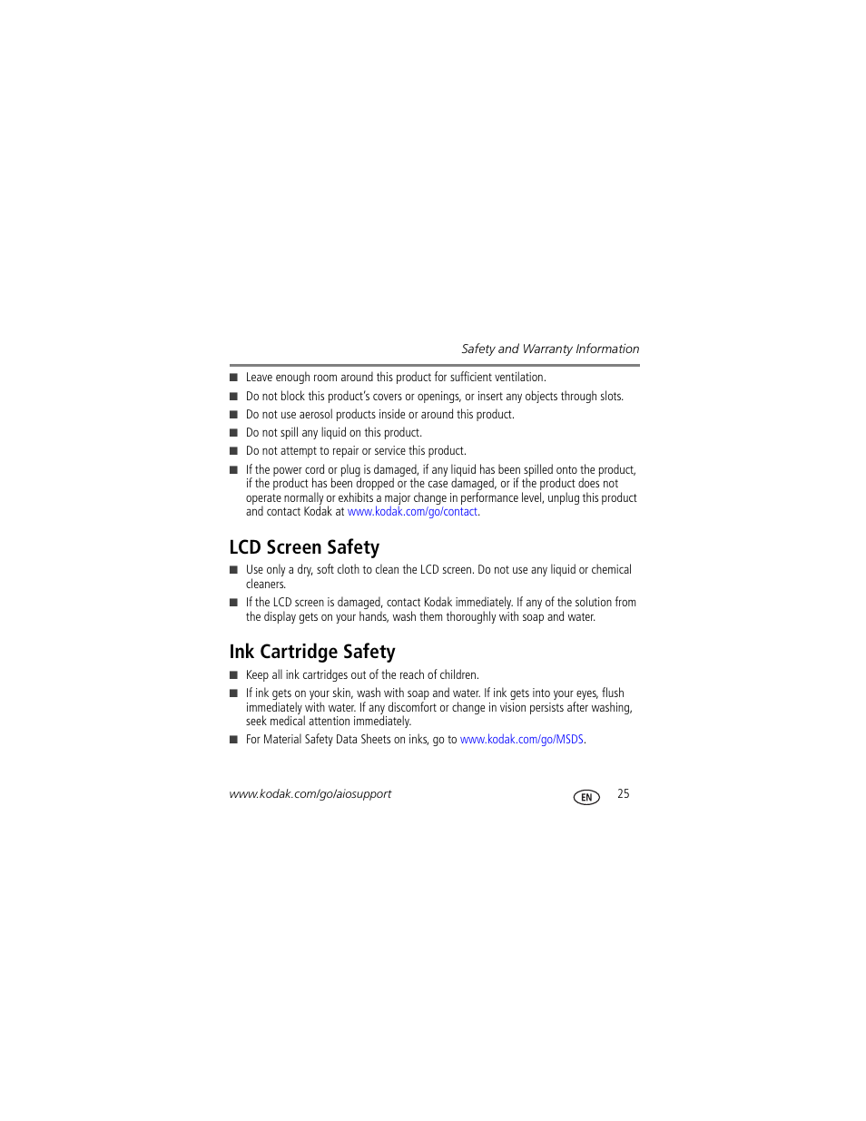 Lcd screen safety, Ink cartridge safety, Lcd screen safety ink cartridge safety | Kodak ESP Office 2170 User Manual | Page 31 / 36