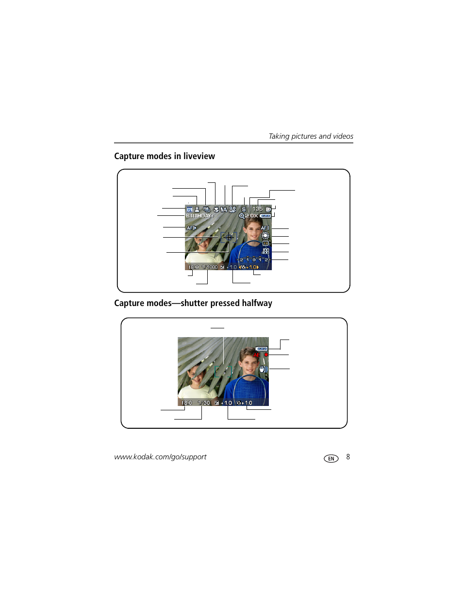 Capture modes in liveview, Capture modes-shutter pressed halfway | Kodak P880 User Manual | Page 15 / 108