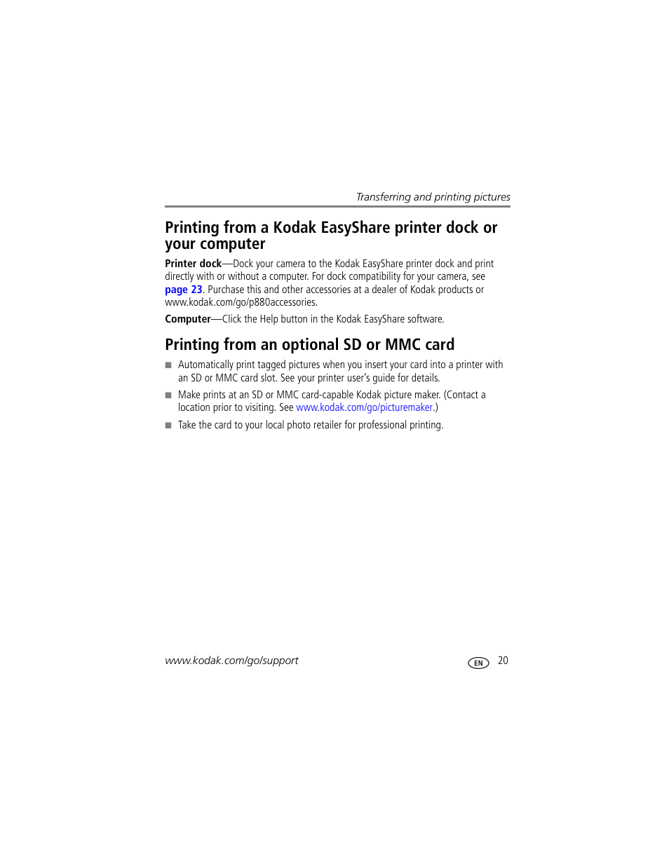 Printing from an optional sd or mmc card | Kodak P880 User Manual | Page 27 / 108