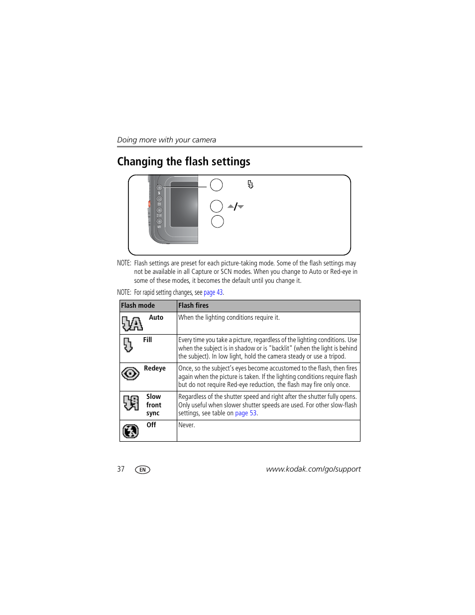 Changing the flash settings | Kodak P880 User Manual | Page 44 / 108