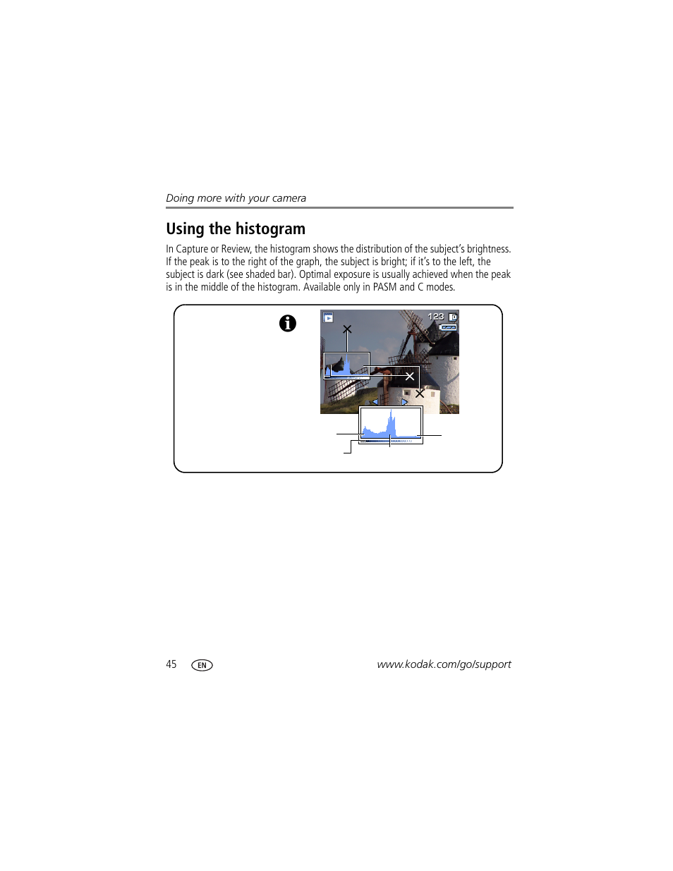 Using the histogram | Kodak P880 User Manual | Page 52 / 108