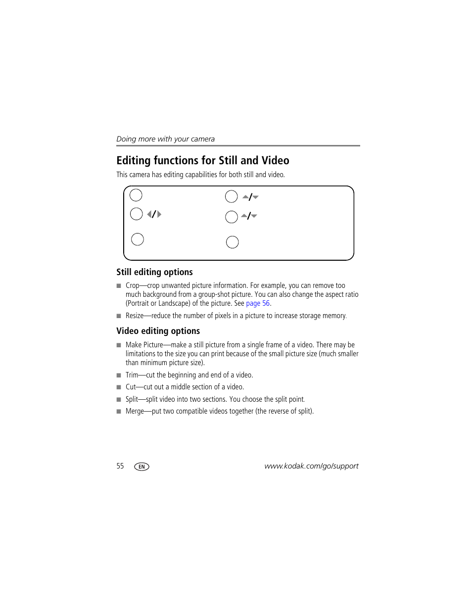 Editing functions for still and video, Still editing options, Video editing options | Kodak P880 User Manual | Page 62 / 108