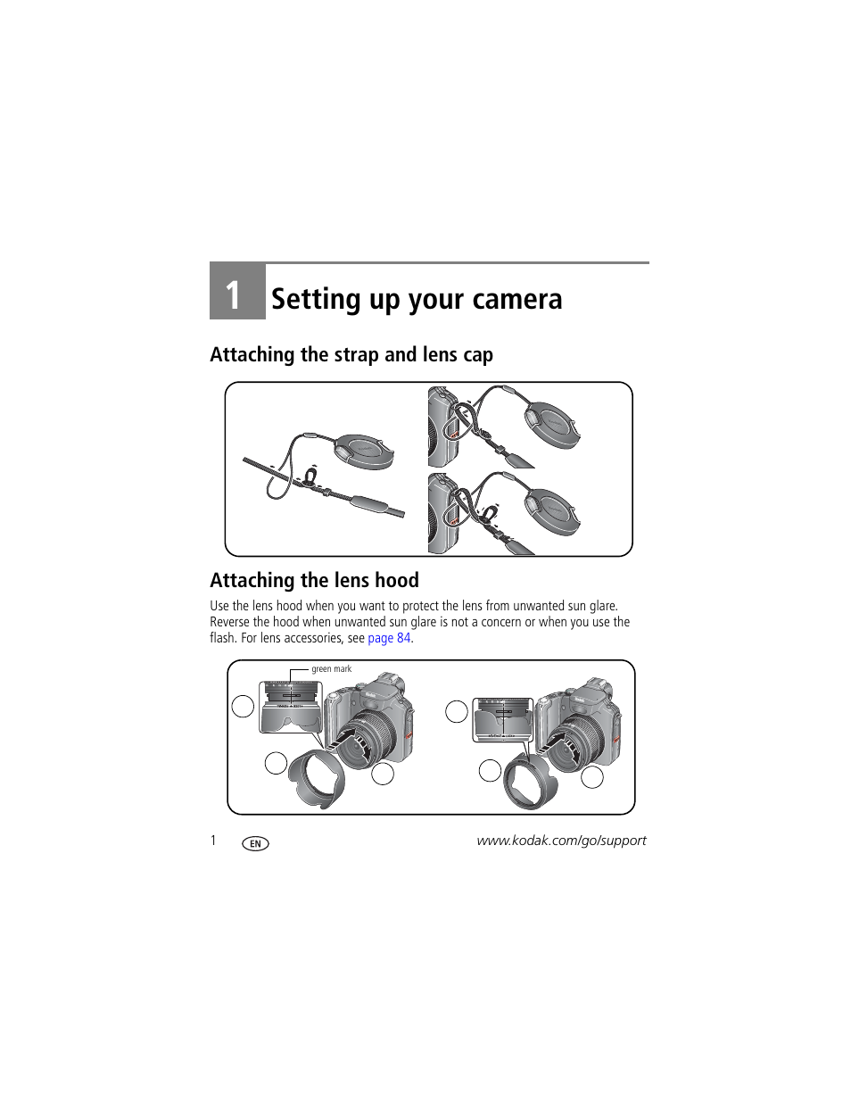 Setting up your camera, Attaching the strap and lens cap, Attaching the lens hood | 1 setting up your camera | Kodak P880 User Manual | Page 8 / 108