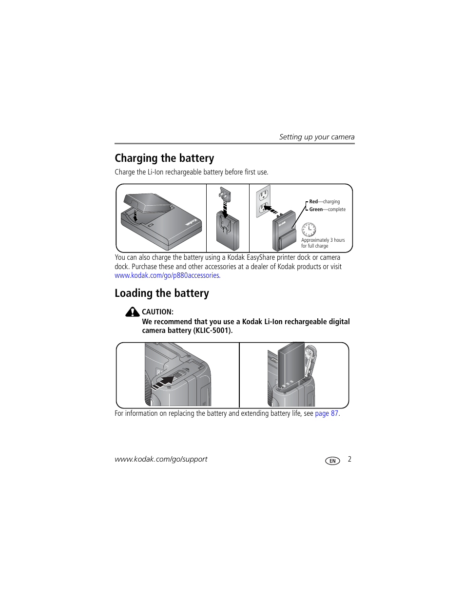 Charging the battery, Loading the battery, Charging the battery loading the battery | Kodak P880 User Manual | Page 9 / 108