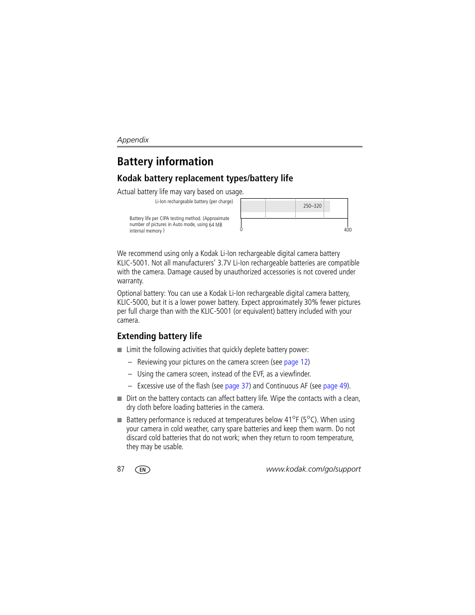 Battery information, Kodak battery replacement types/battery life, Extending battery life | Kodak P880 User Manual | Page 94 / 108