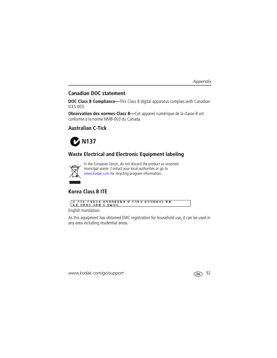 Canadian doc statement, Australian c-tick, Waste electrical and electronic equipment labeling | Korea class b ite, N137 | Kodak P880 User Manual | Page 99 / 108