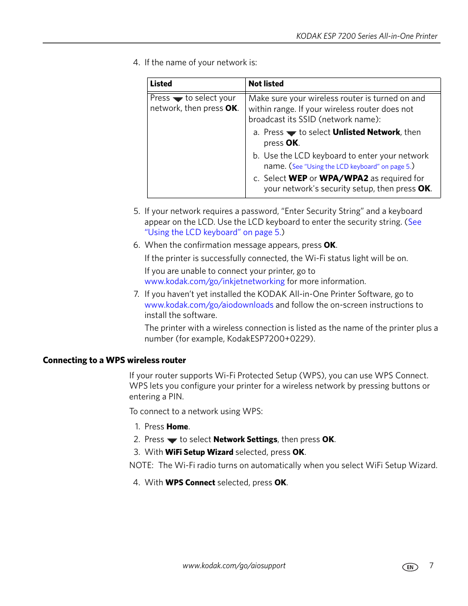 Connecting to a wps wireless router | Kodak ESP 7250 User Manual | Page 13 / 95