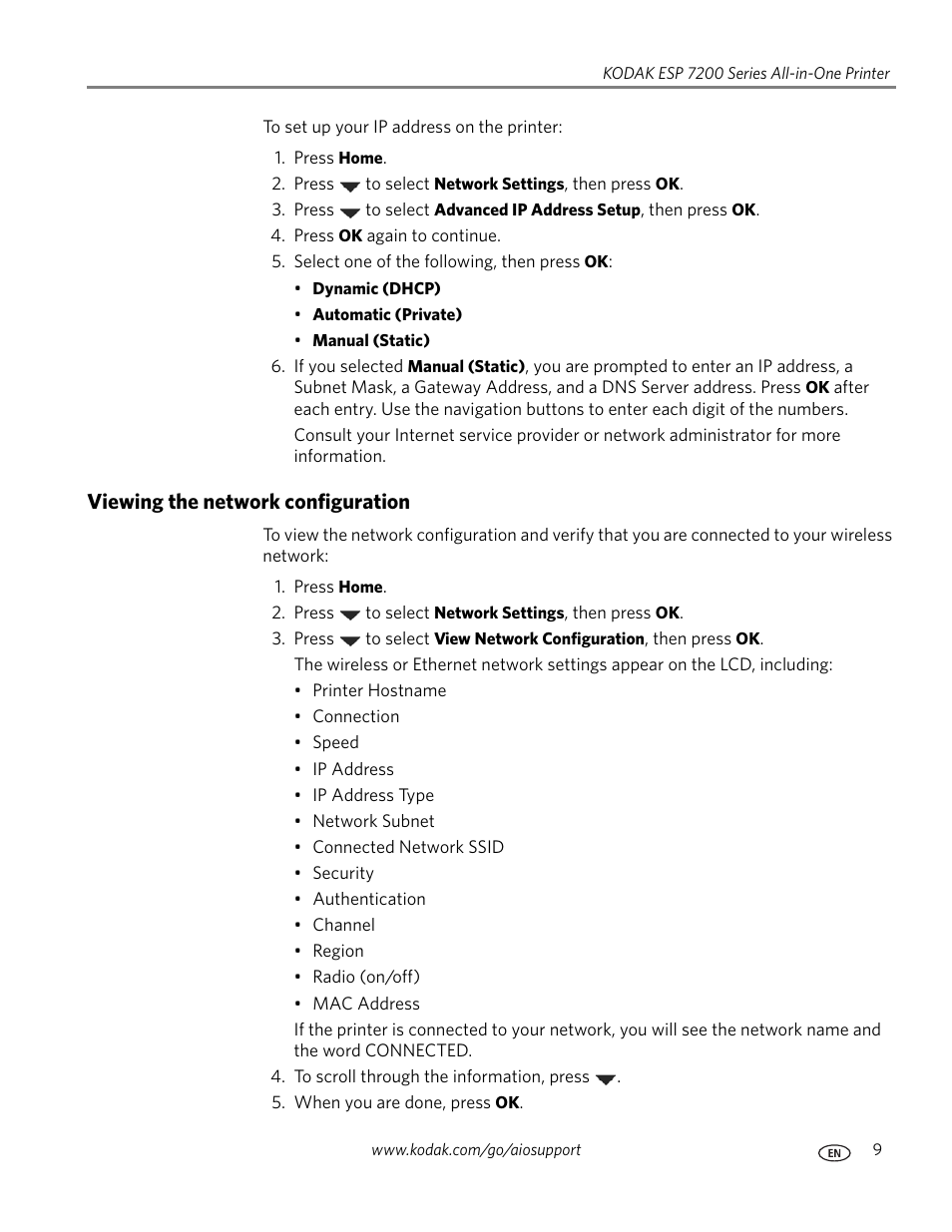 Viewing the network configuration | Kodak ESP 7250 User Manual | Page 15 / 95