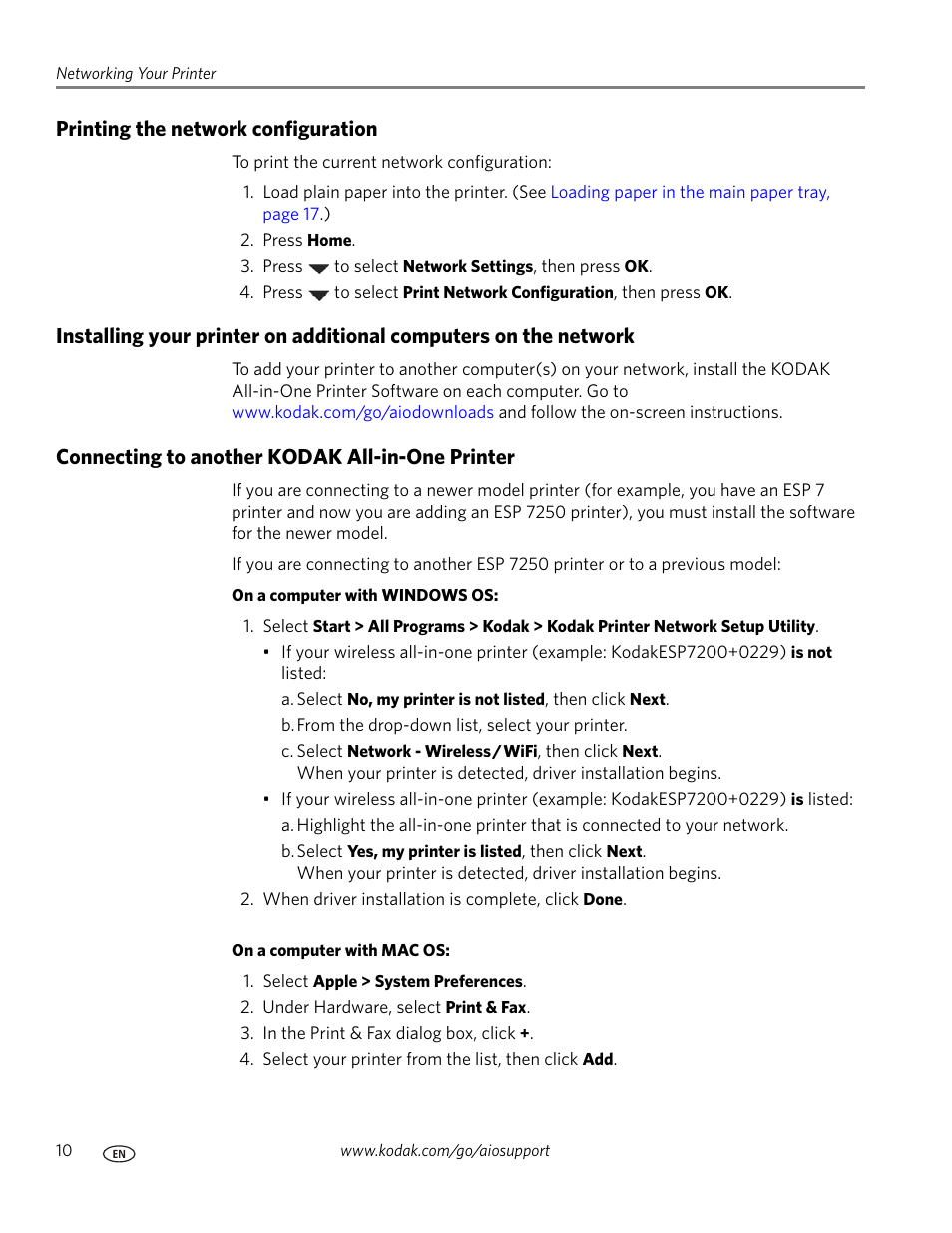 Printing the network configuration, Connecting to another kodak all-in-one printer | Kodak ESP 7250 User Manual | Page 16 / 95