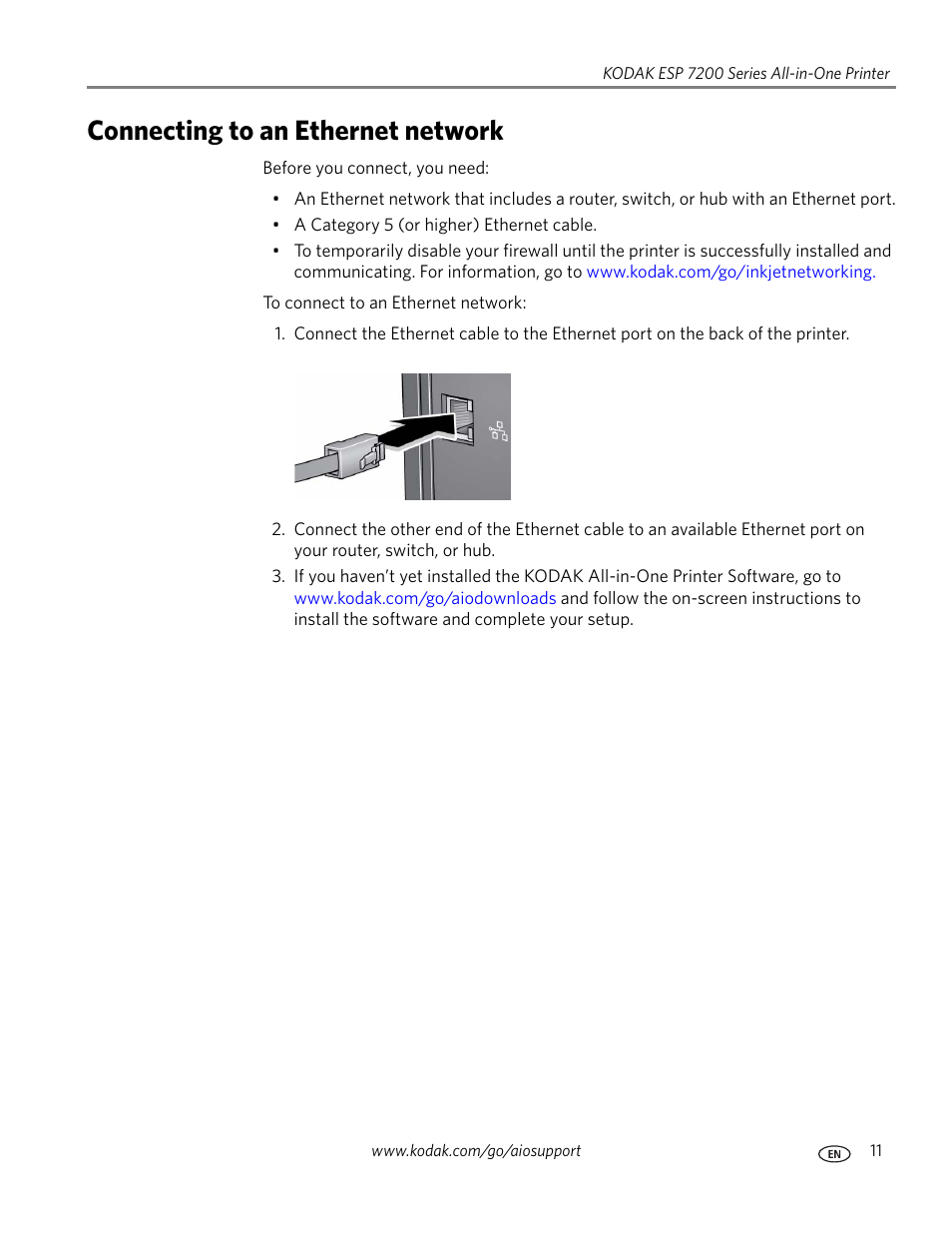 Connecting to an ethernet network | Kodak ESP 7250 User Manual | Page 17 / 95