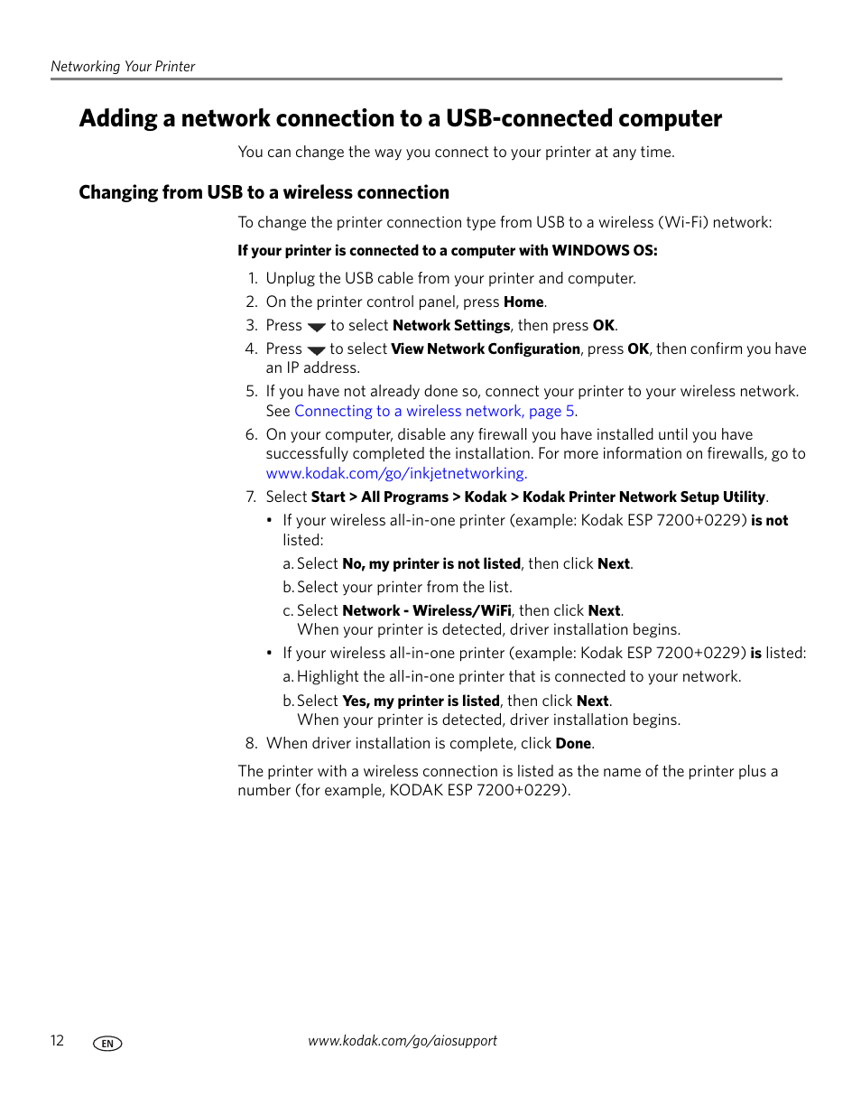 Changing from usb to a wireless connection | Kodak ESP 7250 User Manual | Page 18 / 95