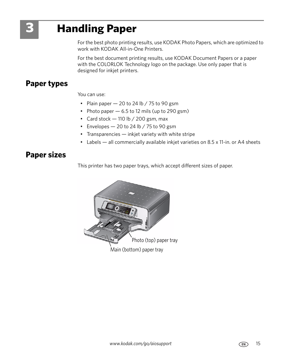 Handling paper, Paper types, Paper sizes | 3 handling paper, Paper types paper sizes | Kodak ESP 7250 User Manual | Page 21 / 95