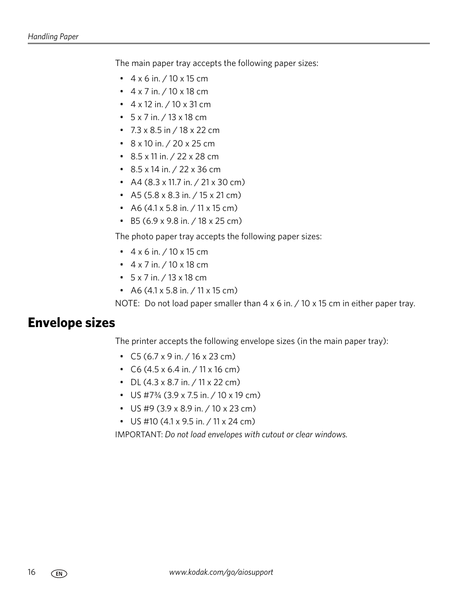 Envelope sizes | Kodak ESP 7250 User Manual | Page 22 / 95