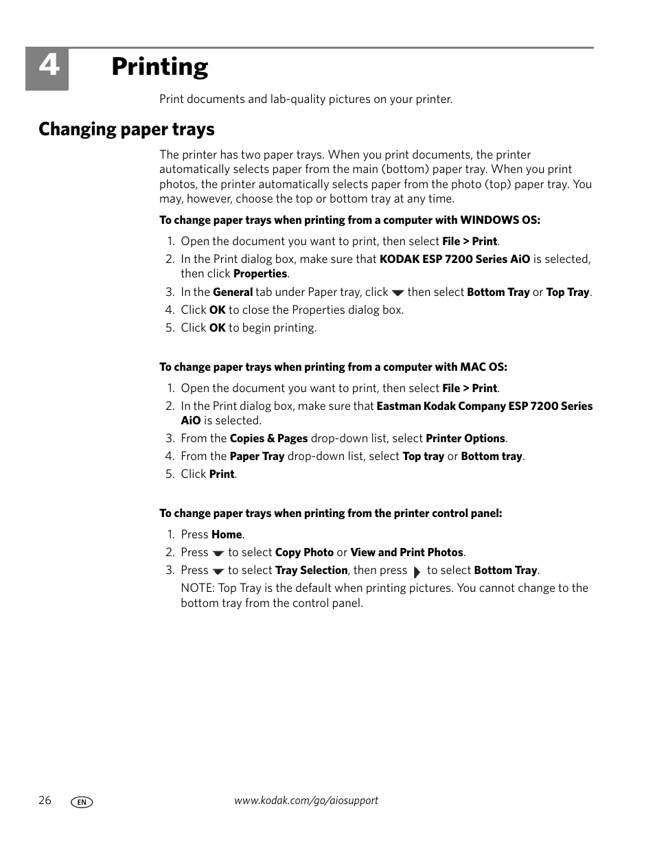 Printing, Changing paper trays, 4 printing | Kodak ESP 7250 User Manual | Page 32 / 95