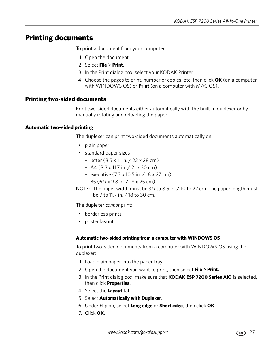 Printing documents, Printing two-sided documents, Automatic two-sided printing | Kodak ESP 7250 User Manual | Page 33 / 95