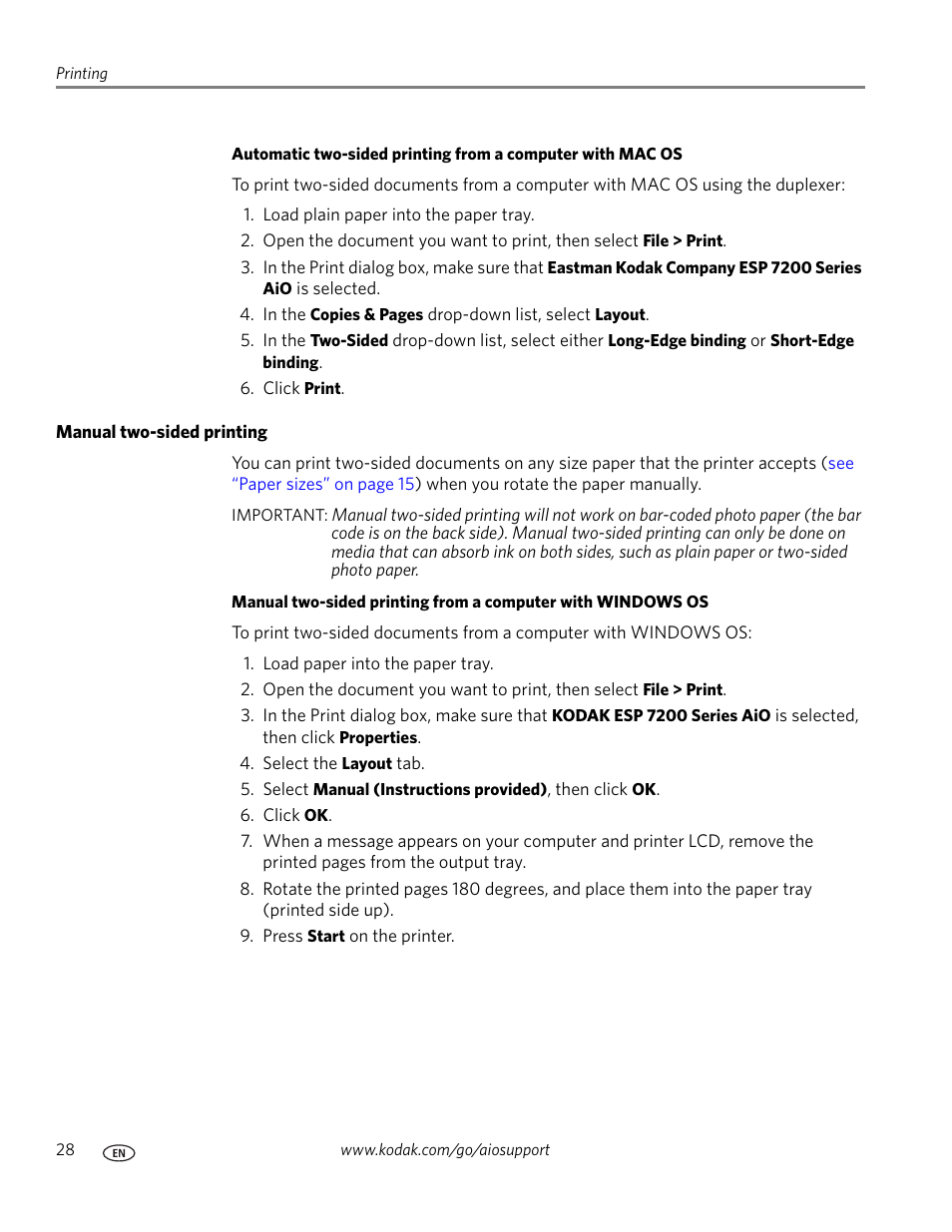 Manual two-sided printing | Kodak ESP 7250 User Manual | Page 34 / 95