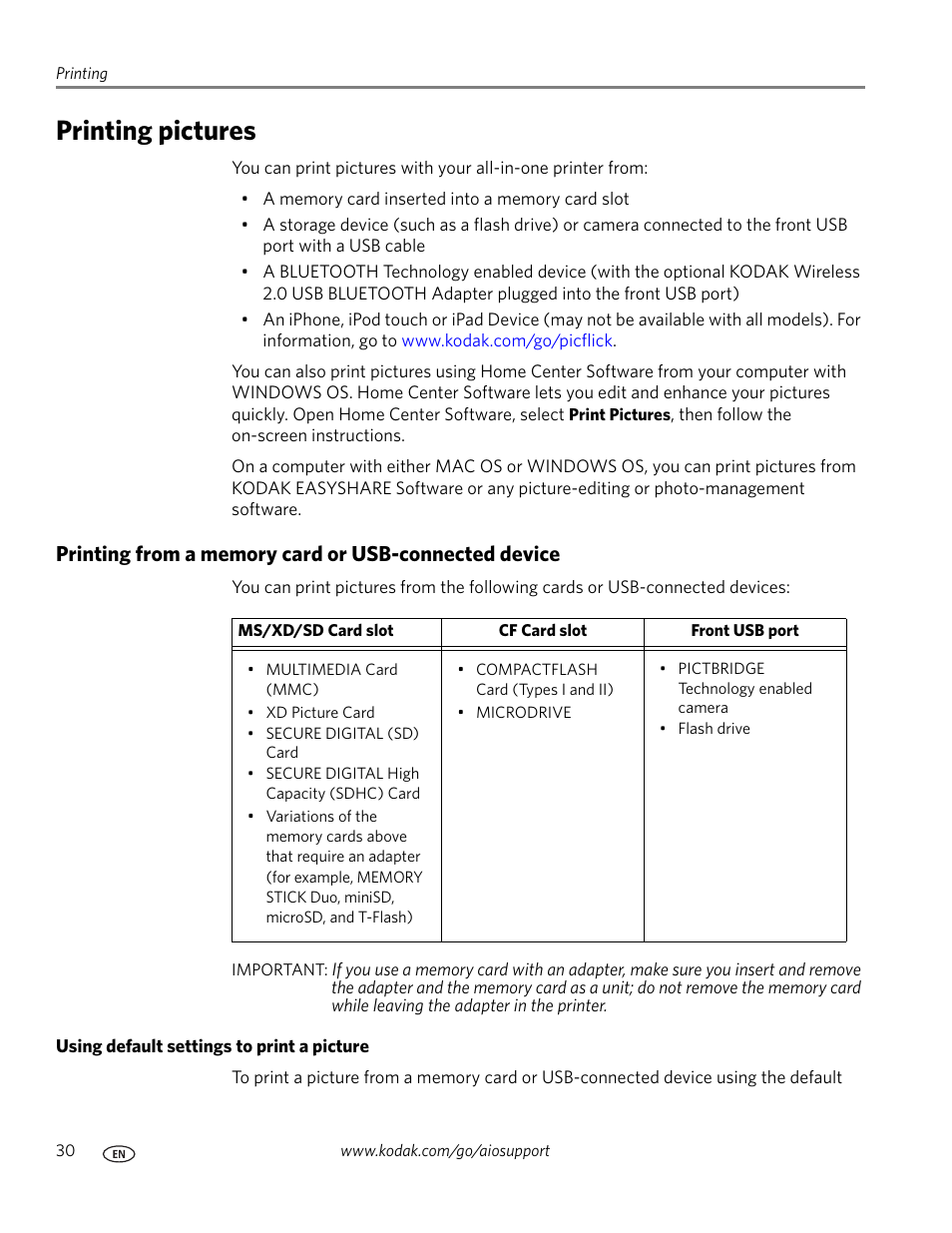 Printing pictures, Using default settings to print a picture | Kodak ESP 7250 User Manual | Page 36 / 95