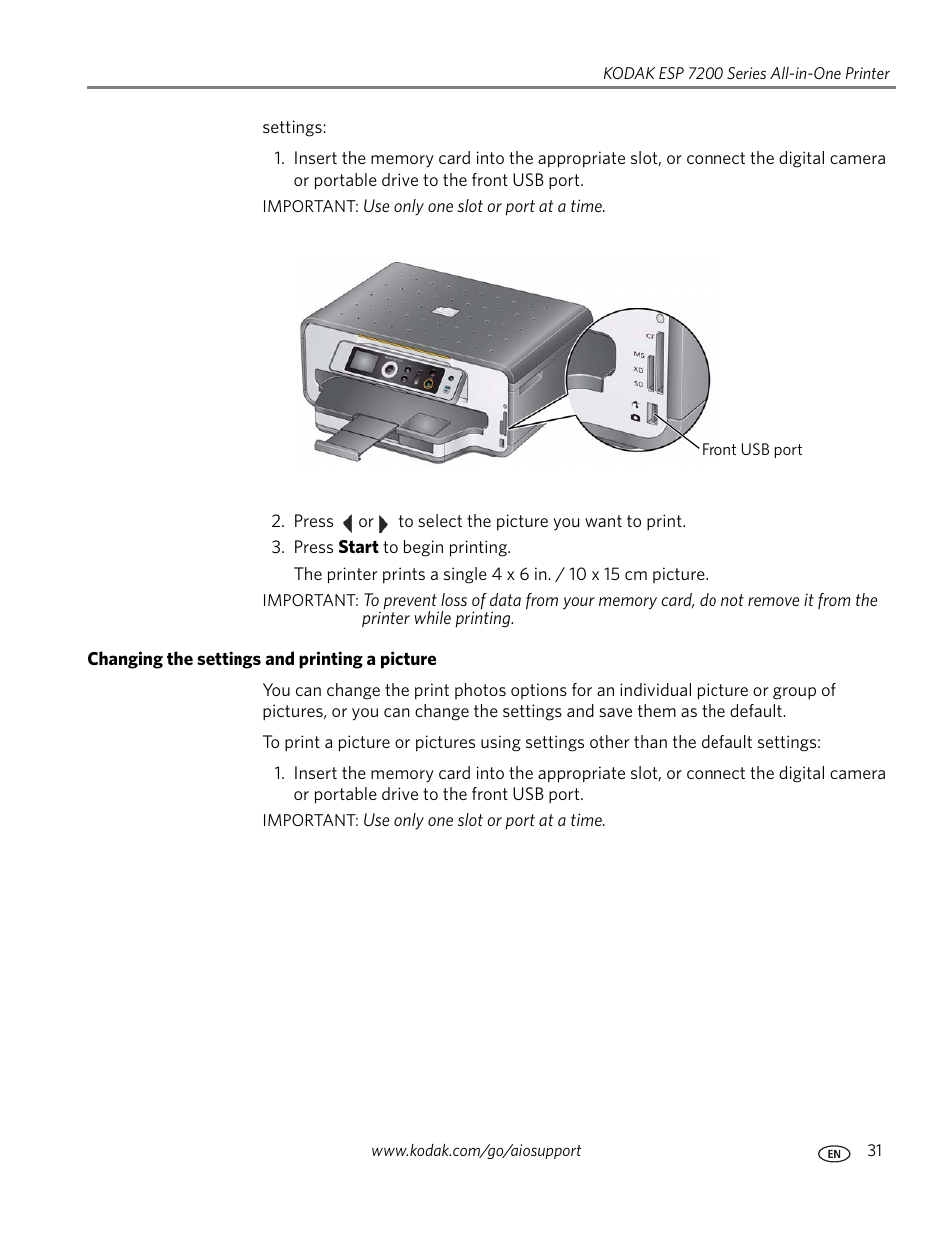 Changing the settings and printing a picture | Kodak ESP 7250 User Manual | Page 37 / 95