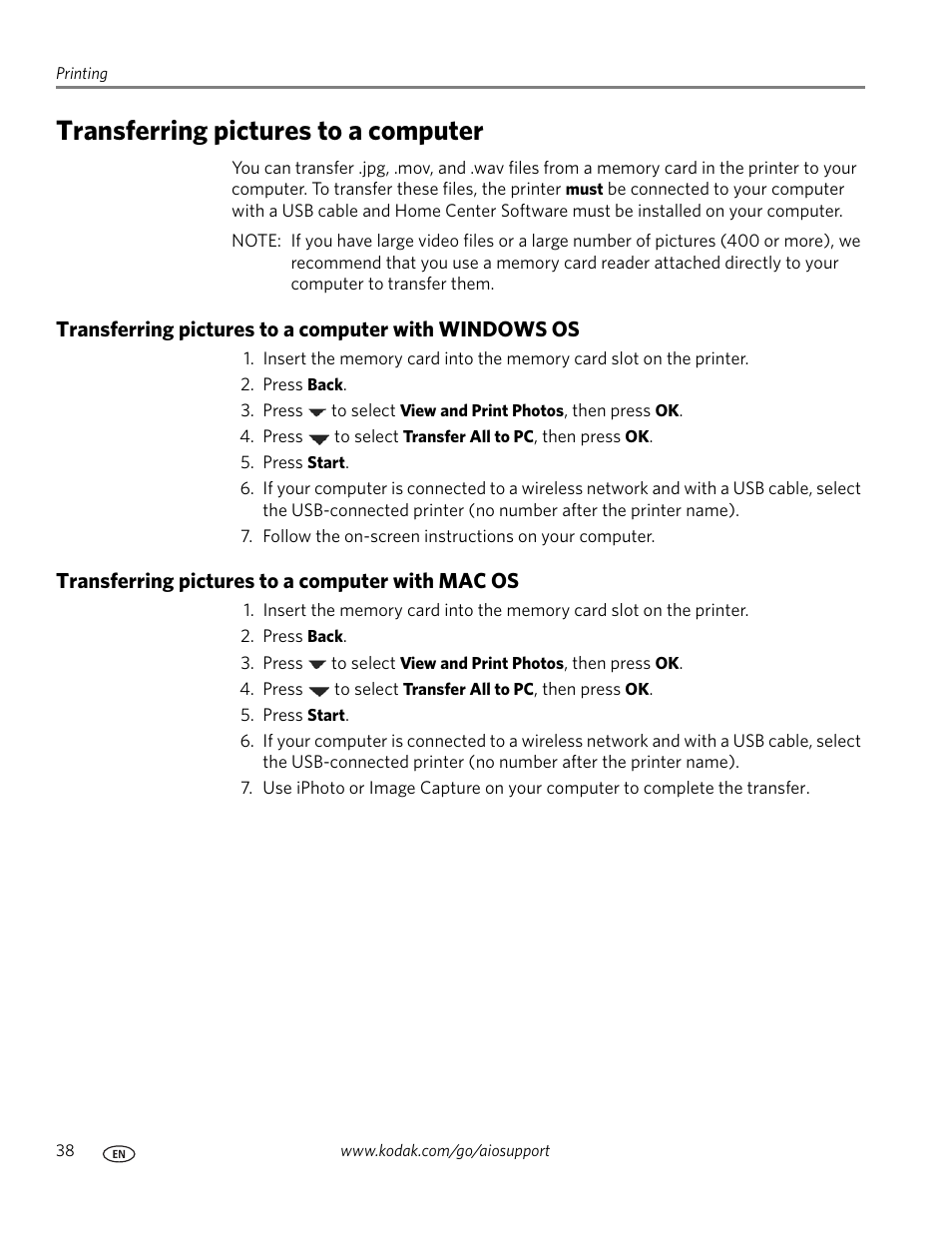 Transferring pictures to a computer, Transferring pictures to a computer with mac os | Kodak ESP 7250 User Manual | Page 44 / 95