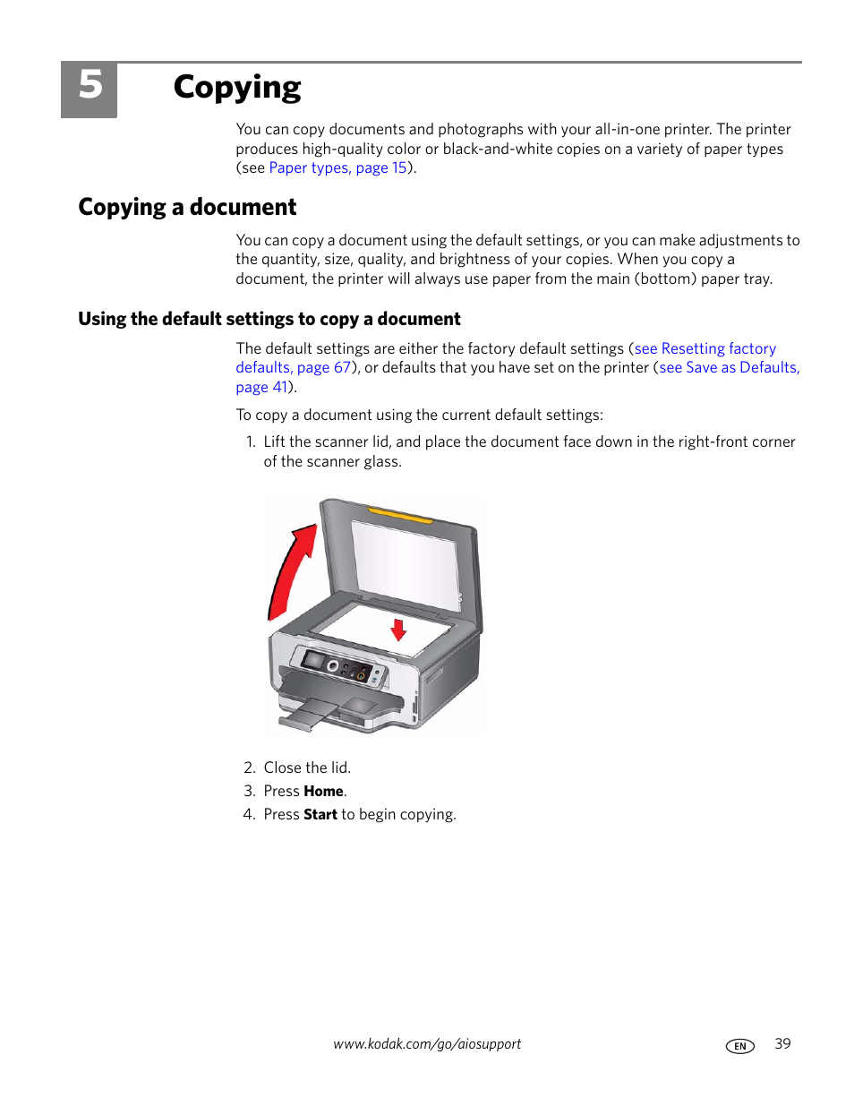 Copying, Copying a document, Using the default settings to copy a document | 5 copying | Kodak ESP 7250 User Manual | Page 45 / 95