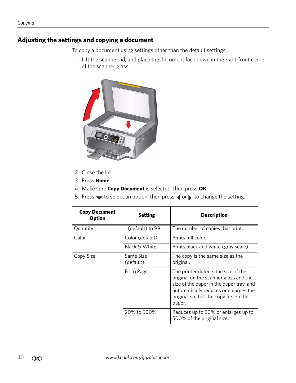 Adjusting the settings and copying a document | Kodak ESP 7250 User Manual | Page 46 / 95