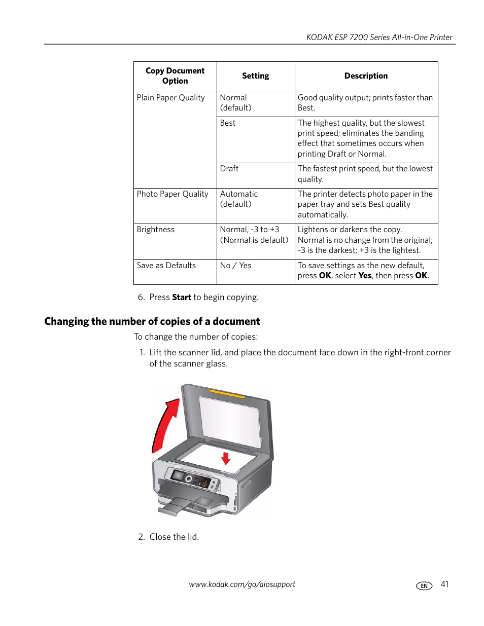 Changing the number of copies of a document, See save as defaults | Kodak ESP 7250 User Manual | Page 47 / 95