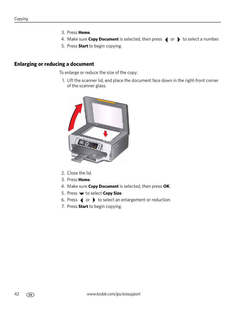 Enlarging or reducing a document | Kodak ESP 7250 User Manual | Page 48 / 95